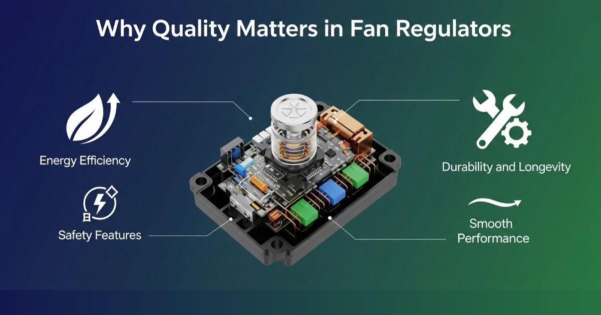 Image of a fan regulator manufacturers' component highlighting quality aspects like energy efficiency and safety features.