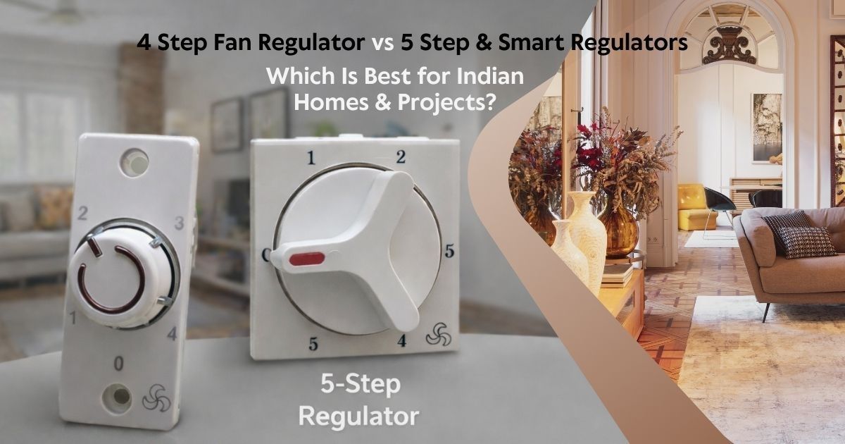 A side-by-side comparison of a compact 4 step fan regulator and a traditional 5 step regulator for Indian modular switchboards.